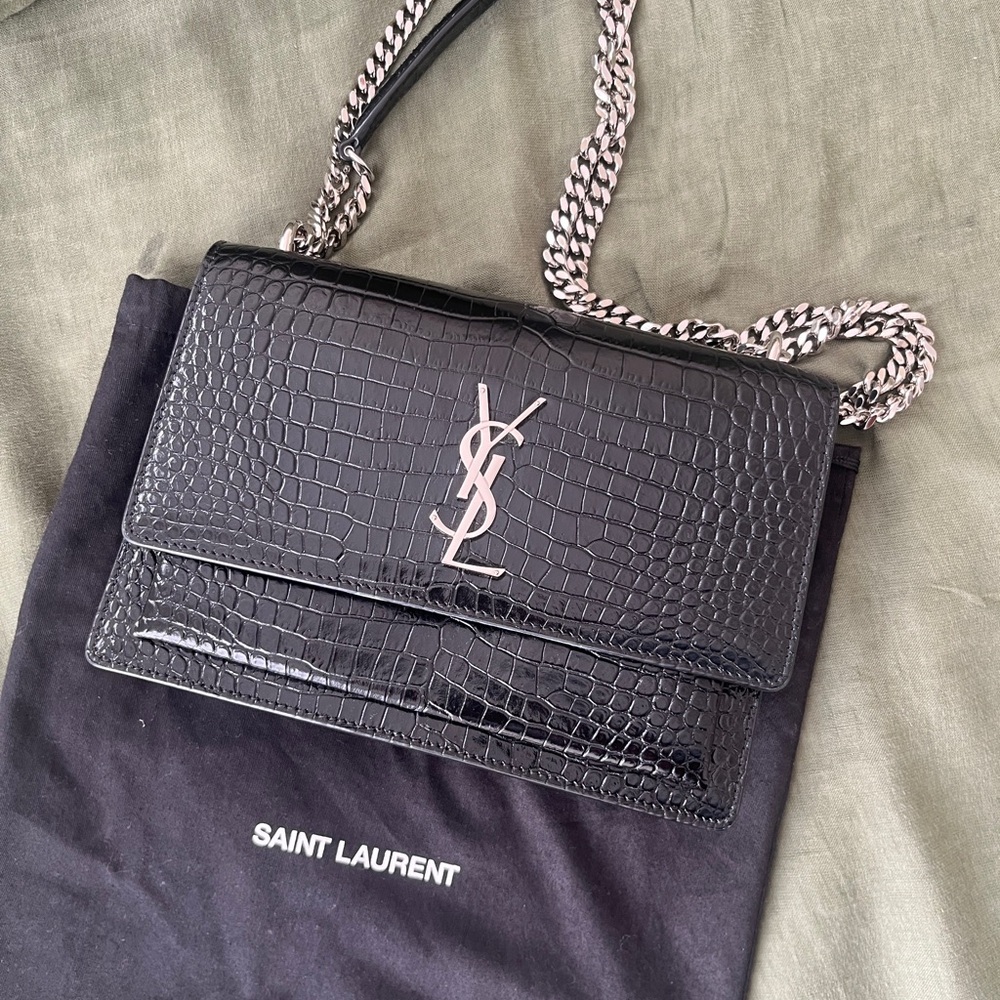 Saint Laurent Sunset Medium Black Croc/Silver Crossbody Bag